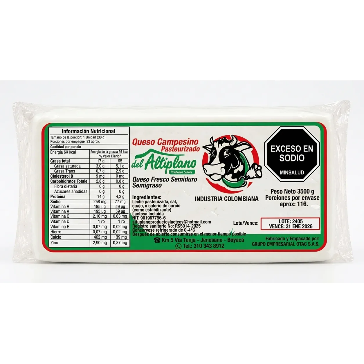 Queso Campesino Pasteurizado Bloque 3.5 kg Aprox