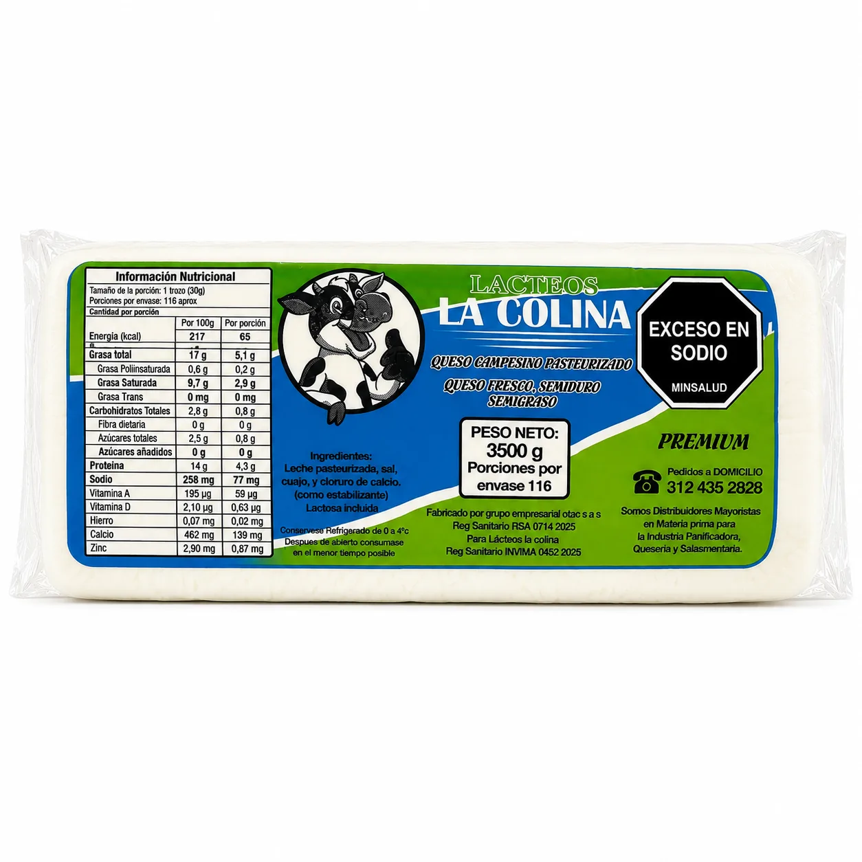 Queso Campesino Pasteurizado Bloque 3.5 kg Aprox